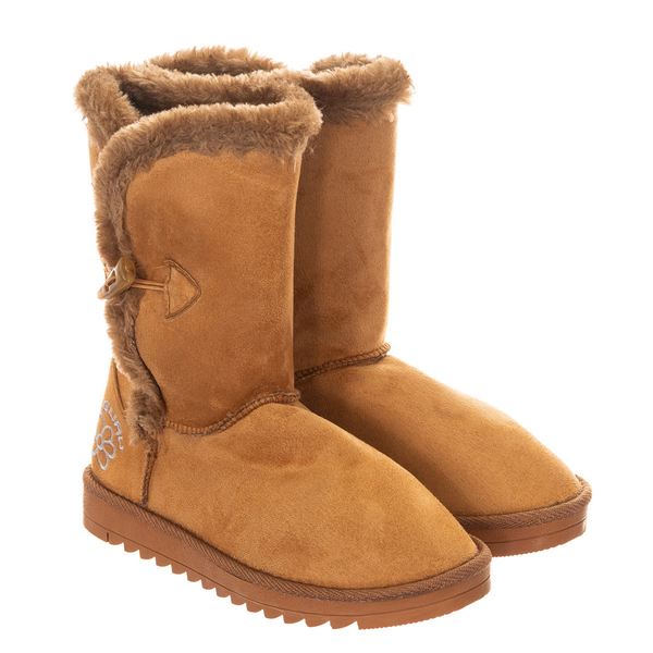 GURU Womens Winter Fluffy Ankle Boots with Button Closure - Tan