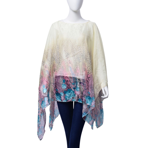 Pink and Multi Colour Leopard, Floral and Feather Pattern Yellow Colour Poncho (Size 135x70 Cm)