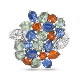 Multi Colour Kyanite and Natural Cambodian Zircon Floral Ring in Platinum Overlay Sterling Silver 5.