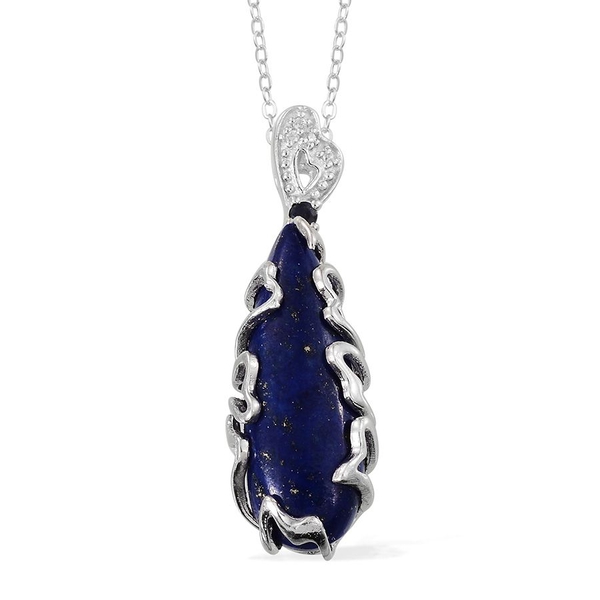 GP Lapis Lazuli (Pear 10.25 Ct), Natural Cambodian Zircon and Kanchanaburi Blue Sapphire Pendant With Chain in Platinum Overlay Sterling Silver 10.500 Ct.