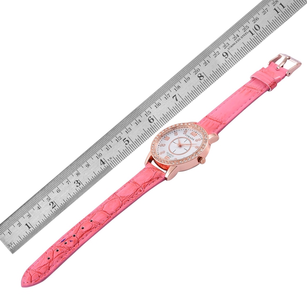 STRADA Japanese Movement White Austrian Crystal Studded White Dial Water Resistant Watch in Rose Gold Tone with Stainless Steel Back and Pink Strap