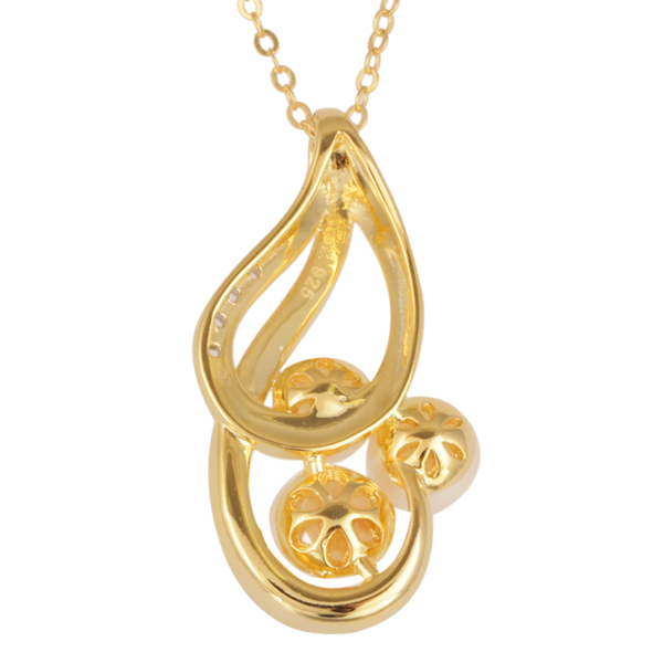 Japanese Akoya Pearl (Rnd), White Topaz Pendant With Chain in Yellow Gold Overlay Sterling Silver