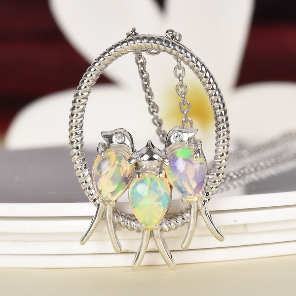 Ethiopian Welo Opal (Pear), Natural Cambodian Zircon Birds and Circle Pendant with Chain (Size 18) in Platinum Overlay Sterling Silver 1.50 Ct, Silver wt 7.00 Gms.