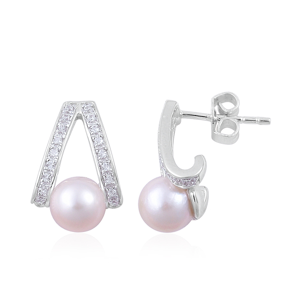 Japanese Akoya Pearl (Rnd), White Zircon Earrings (with Push Back) in Platinum Overlay Sterling Silv