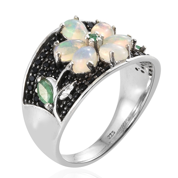 Ethiopian Welo Opal (Pear), Boi Ploi Black Spinel and Kagem Zambian Emerald Floral Ring in Platinum Overlay Sterling Silver 2.750 Ct. Silver wt 7.25 Gms.