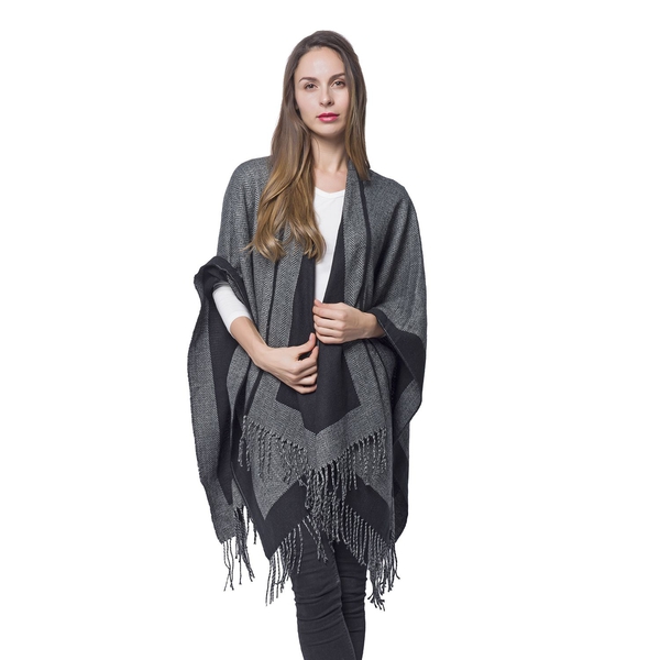 Made with Merino Wool Blend - Reversible Black and Grey Poncho - One Size Fits All