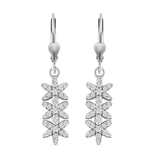 Diamond Floral Dangling Earrings (With Lever Back) in Platinum Overlay Sterling Silver