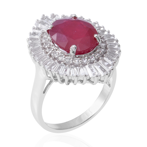 African Ruby (Ovl 12x10 mm), White Topaz Ring in Rhodium Overlay Sterling Silver 9.210 Ct, Silver wt 6.00 Gms.
