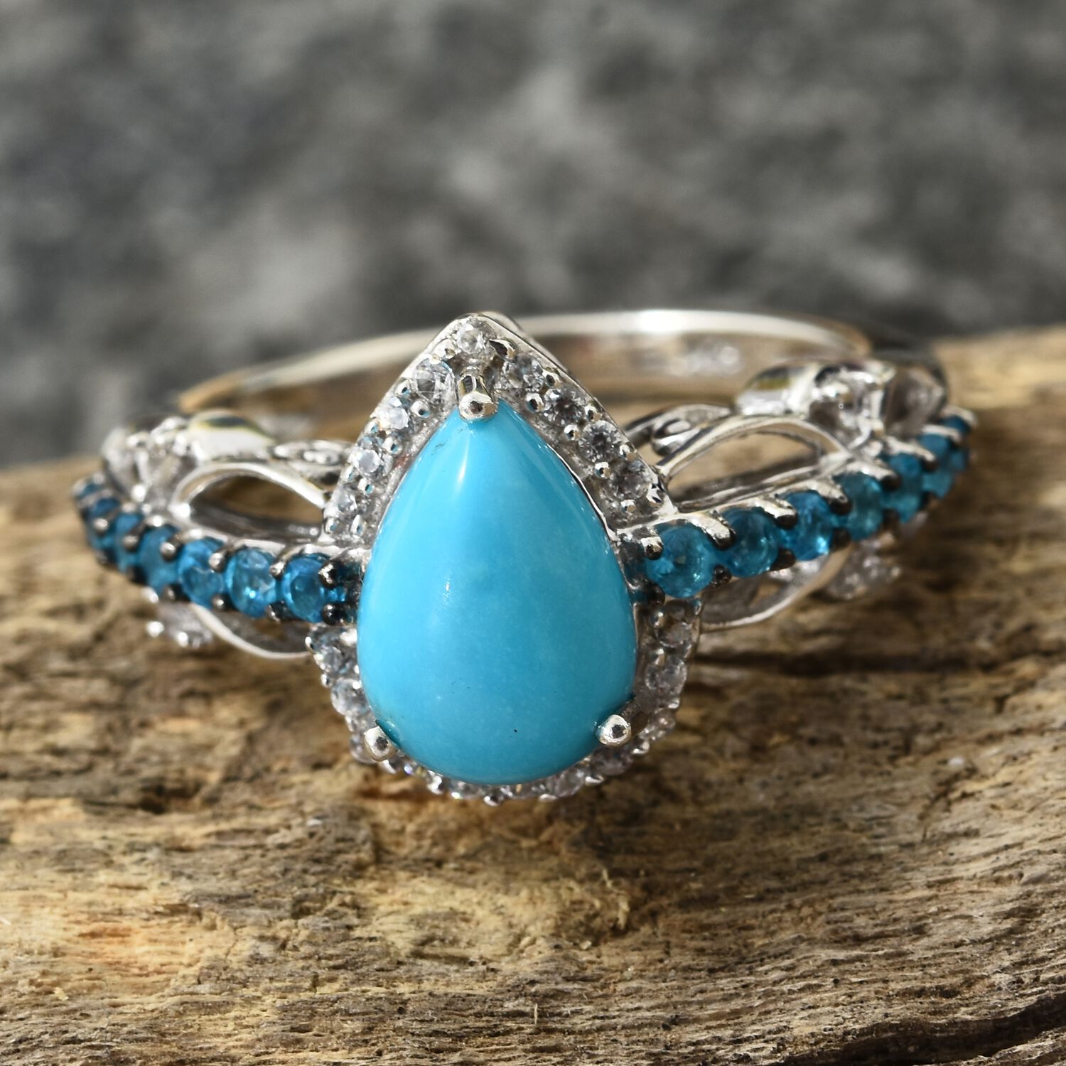 Arizona Sleeping Beauty Turquoise (Pear), Malgache Neon Apatite and Natural Cambodian Zircon Ring in Platinum Overlay Sterling Silver 2.250 Ct.