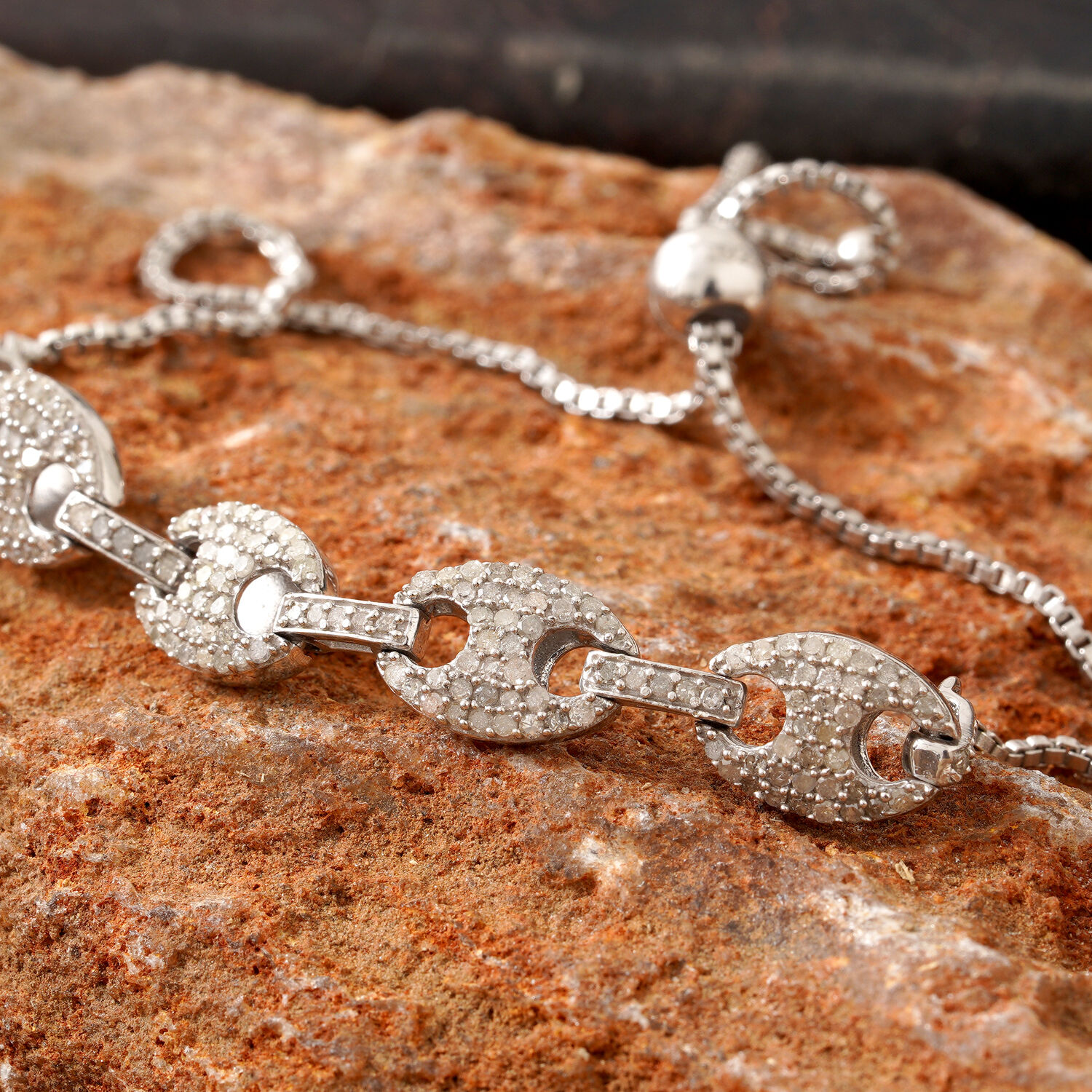Diamond (Rnd) Mariner Link Bracelet (Size 6.5 to 10 Adjustable) in Platinum Overlay Sterling Silver 1.000 Ct.