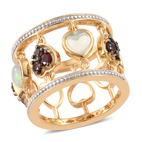 GP 1.50 Ct Opal and Multi Gemstone Heart Band Ring in 14K Gold Plated Silver