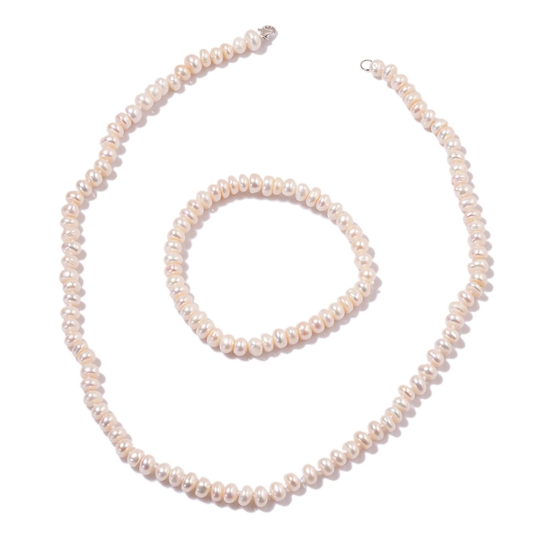 AAA Fresh Water White Pearl Necklace (Size 18) and Stretchable Bracelet in Sterling Silver 170.510 C