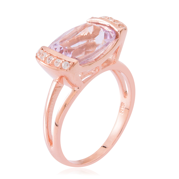 Rose De France Amethyst (Cush 6.00 Ct), Natural White Cambodian Zircon Ring in Rose Gold Overlay Sterling Silver 6.250 Ct.