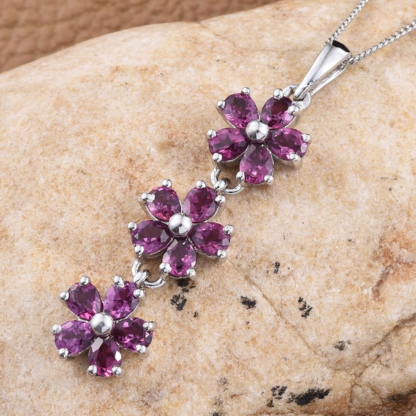 Rare Mozambique Grape Colour Garnet (Pear) Triple Floral Pendant With Chain in Platinum Overlay Sterling Silver 2.750 Ct.
