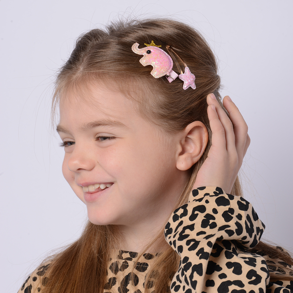 2 Piece Set - Light Pink and Gold Colour Elephant and Star Design Kids Hair Clips (Size 5x3.5x4 cm)