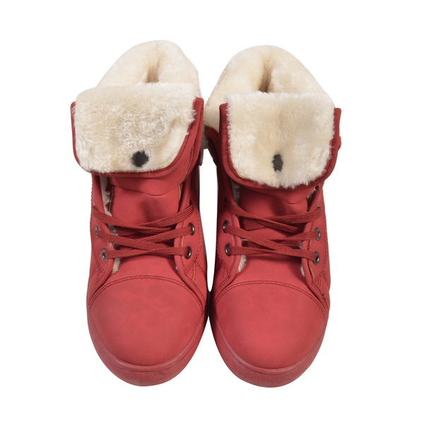 Womens Flat Faux Fur Lined Grip Sole Winter Ankle Boots (Size 3) - Red