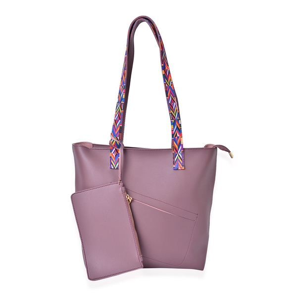 Plum Colour Handbag (Size 41X29.5X27.5X13 Cm) with Multi Colour Shoulder Strap and Pouch (Size 20X12