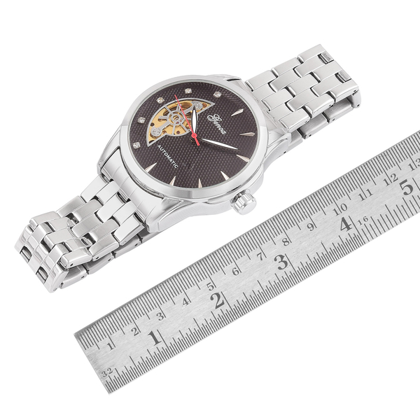 GENOA Automatic Skeleton White Austrian Crystal Studded Black Dial Watch in Silver Tone with Stainless Steel and Glass Back