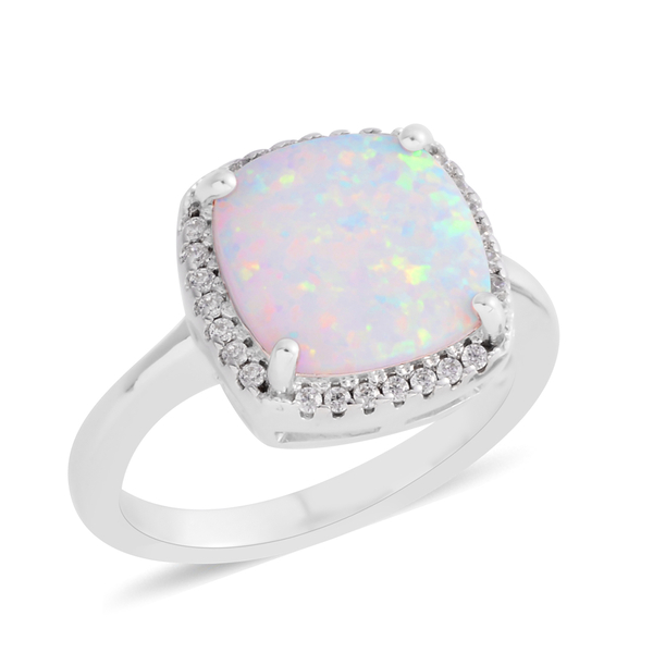 Simulated Welo Opal (Princess) and Simulated Diamond Ring in Rhodium Plated.