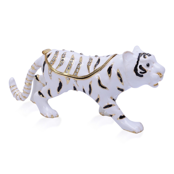AAA Black and White Austrian Crystal Studded White, Black and Gold Enameled Tiger Trinket Box