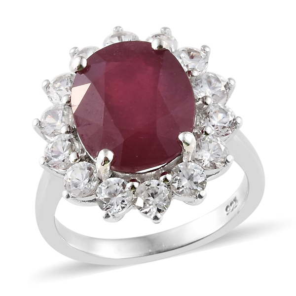9.25 Ct African Ruby and Zircon Halo Ring in Platinum Plated Silver