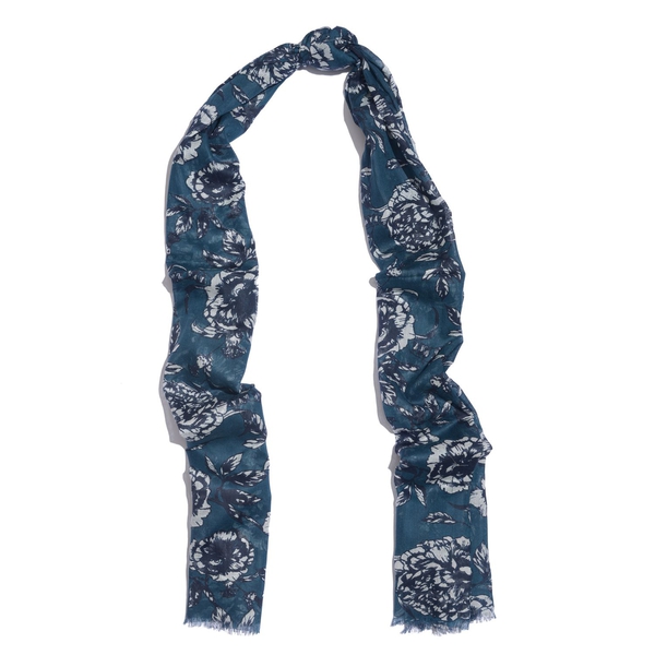 100% Modal Cobalt and White Colour Hand Screen Floral Printed Scarf (Size 180x70 Cm)
