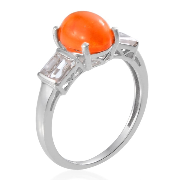 Orange Ethiopian Opal (Ovl 1.15 Ct), White Topaz Ring in Platinum Overlay Sterling Silver 1.750 Ct.