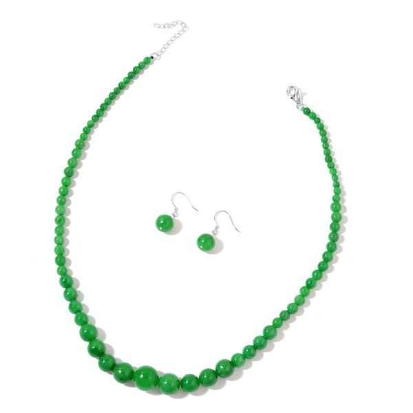 Green Jade Ball Necklace (Size 18 with 2 inch Extender) and Earrings in Rhodium Plated Sterling Silv