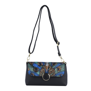 Genuine Leather Floral Pattern Crossbody Bag with Shoulder Strap - Blue