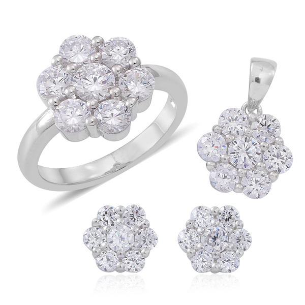 ELANZA AAA Simulated White Diamond (Rnd) Floral Ring, Pendant and Stud Earrings (with Push Back) in 
