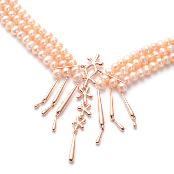 LucyQ Pearl Splash Collection- Peach Freshwater Edwardian Pearl Statement Necklace (Size 24) in Rose Gold Overlay Sterling Silver