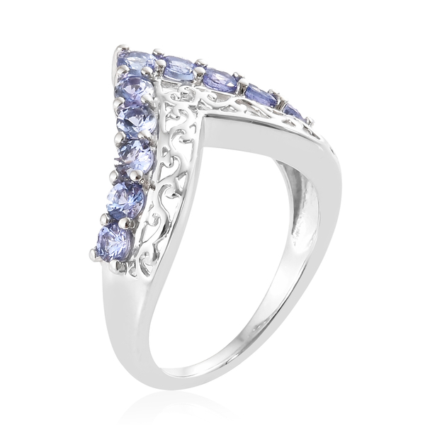 One Time Deal-Tanzanite (Rnd) Wishbone Ring in Platinum Overlay Sterling Silver 1.000 Ct.