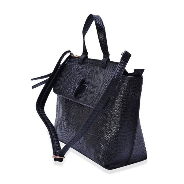 Black Colour Snake Embossed Tote Bag with External Zipper Pocket and Adjustable and Removable Shoulder Strap (Size 42x27x12 Cm)