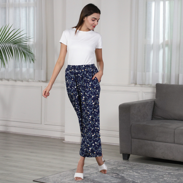 Floral Printed Trousers - Navy Blue