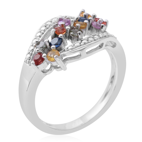 Rainbow Sapphire (Rnd) Floral Ring in Rhodium Plated Sterling Silver 1.020 Ct.