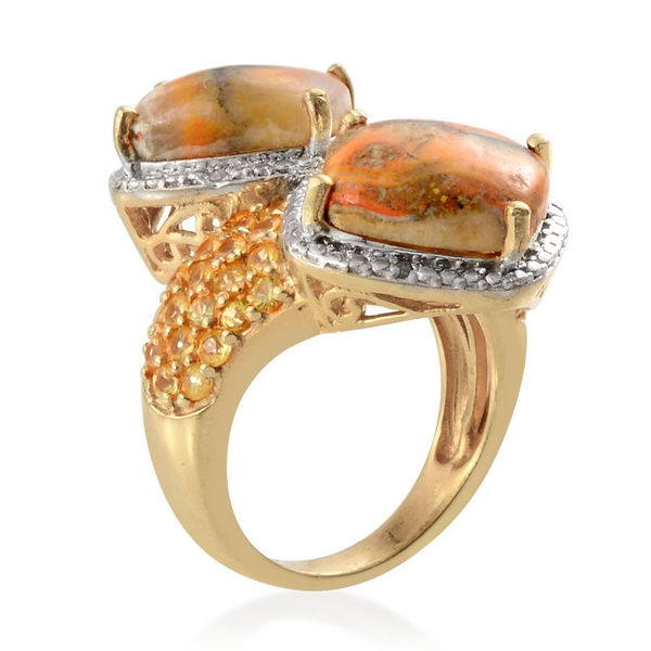 Bumble Bee Jasper (Cush), Yellow Sapphire and Diamond Ring in 14K Gold Overlay Sterling Silver 10.520 Ct.