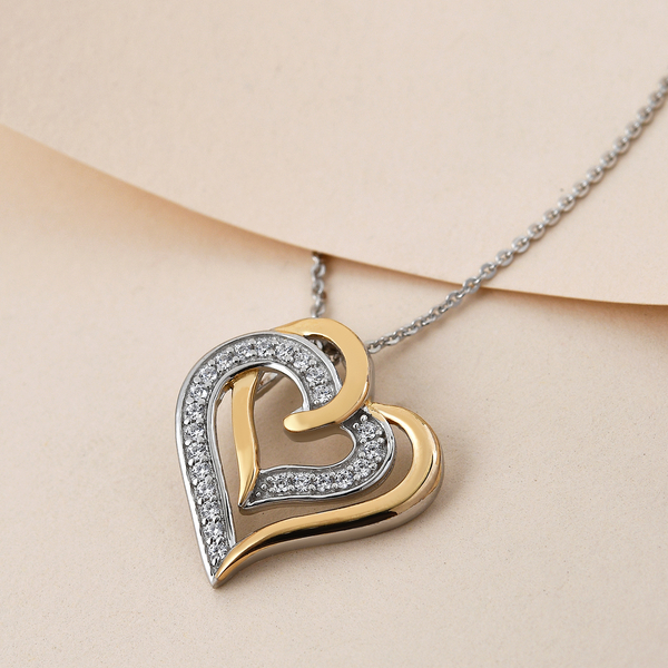 ELANZA Simulated Diamond Heart Pendant With Chain (Size 20) in Two Tone Overlay Sterling Silver