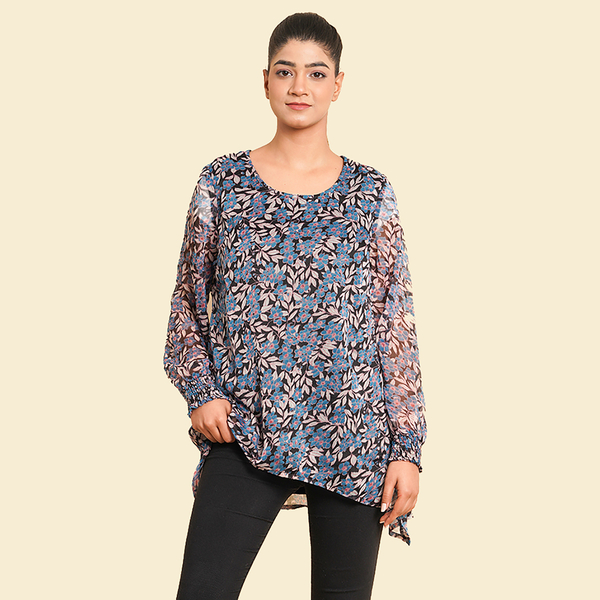 TAMSY Floral & Leaves Pattern Top (Size 8) - Blue & Black