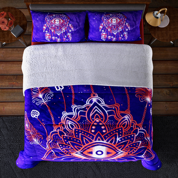 Deluxe Range- Dream Catcher Digital Pattern Flannel Sherpa Comforter (Size King - 250x230 Cm) and 2 Pillowcase (Size 92x50 Cm) - Purple