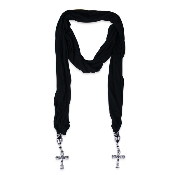 Royal Bali Collection Black Jersey Scarf with Cross Charm
