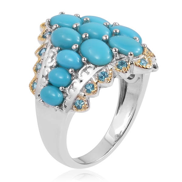Arizona Sleeping Beauty Turquoise (Ovl), Malgache Neon Apatite Ring in Yellow Gold Overlay Sterling Silver 3.480 Ct. Silver wt 6.19 Gms.