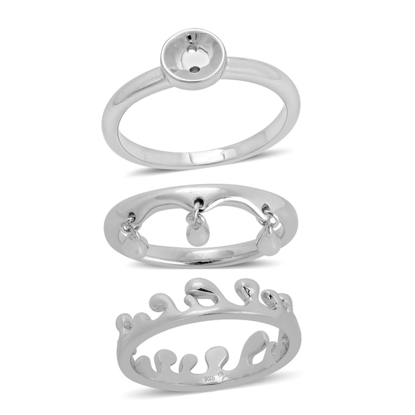 Set of 3 - LucyQ Button, Triple Drip and Ocean Ring in Rhodium Plated Sterling Silver 7.21 Gms.