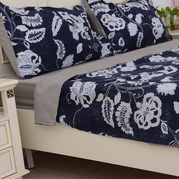 Microfibre Printed Fabric Blue Duvet Cover with Floral Design (Size 200x200 Cm), Fitted Sheet (Size 190x140 Cm) and 2x Pillow Case (Size 75x50 Cm)