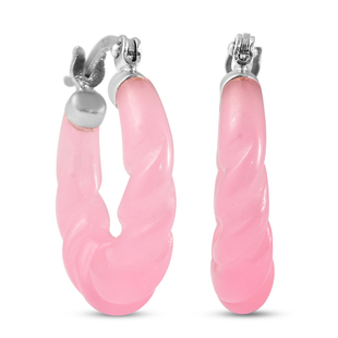 Designer Inspired - Carved Pink Jade Twisted Earrings (with Hook) in Sterling Silver - Pink