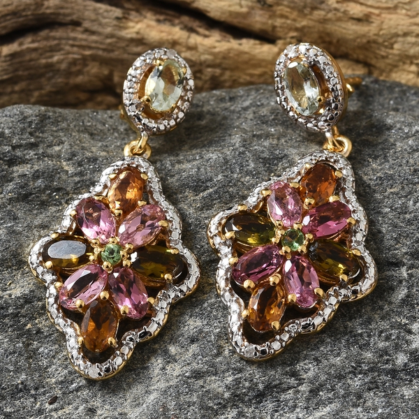 Rainbow Tourmaline (Ovl and Rnd), Diamond Floral Earrings (with Push Back) in 14K Gold Overlay Sterling Silver 4.100 Ct. Silver wt 6.00 Gms.