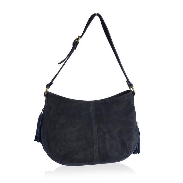 Ava Genuine Leather Navy Scalloped Shoulder Handbag with Adjustable Strap (Size 41x26 Cm)