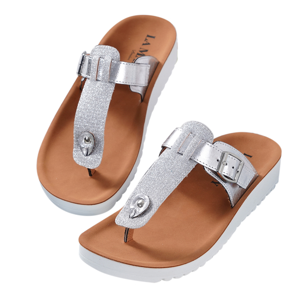 LA MAREY Flat Womens Slippers (Size 3) with Buckle - Silver