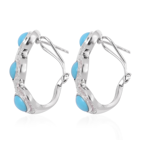 Arizona Sleeping Beauty Turquoise (Ovl 4.50 Ct) and White Zircon Earrings (with French Clip) in Platinum Overlay Sterling Silver 5.335 Ct., Silver wt 9.00 Gms.