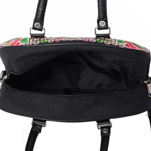 Black and Multi Colour Floral Embroidered Tote Bag with Detachable Shoulder Strap and Zipper ...