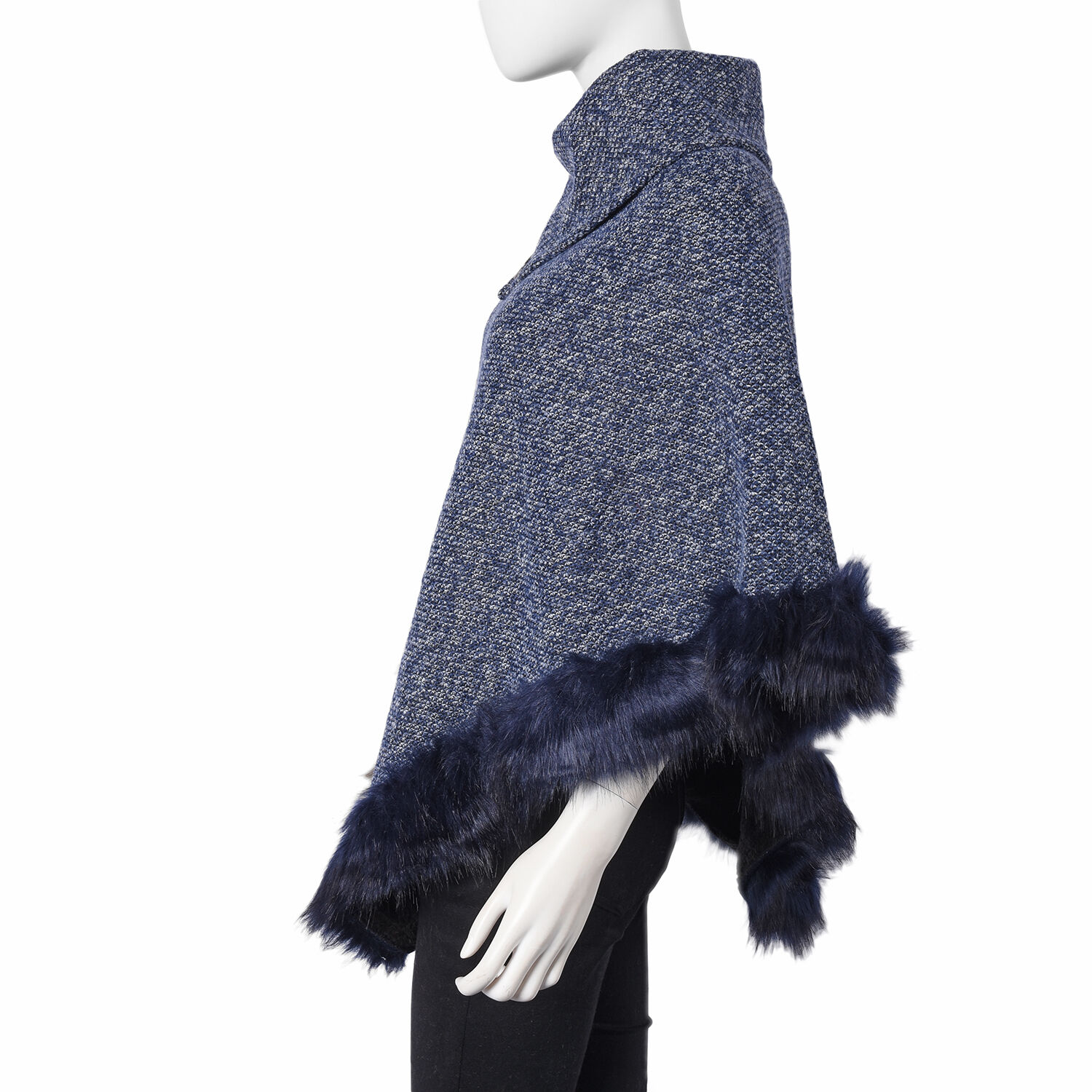 Faux Fur Warm Poncho with Fluffy Edges (Size 80x90 Cm) - Navy